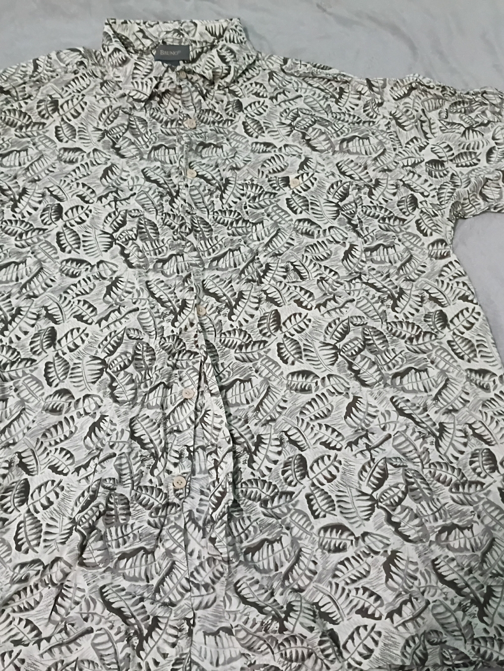 Brixton White Short Sleeve Button-Up with Gray Leaf Motif